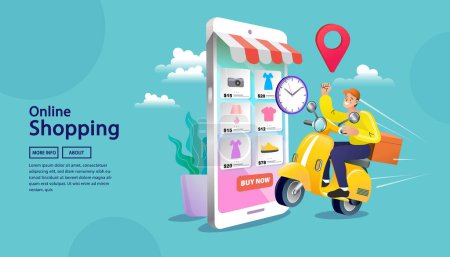 Illustration for Delivery concept. Man Delivering Online with Grocery order from smart phone. Shopping on social networks through phone flat design style. Vector illustration. - Royalty Free Image