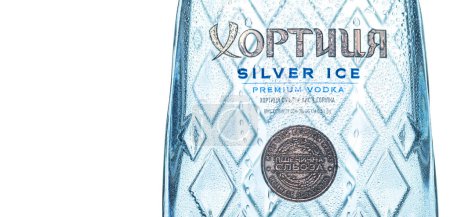 Photo for WARSAW, POLAND - MAY 10, 2023: A bottle of Khortytsia vodka on a white background. Premium class vodka - Royalty Free Image