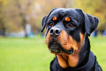 Rottweiler dog, close-up, against the background of a city park. A beautiful Rottweiler dog, in natural conditions. Copy space