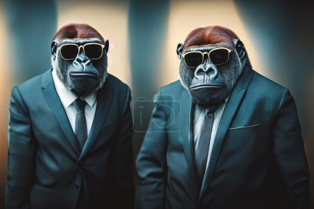 Un gorila con traje de negocios y gafas de sol. Ilustración. Dos gorilas, seguridad, negocios. Retrato de un gorila