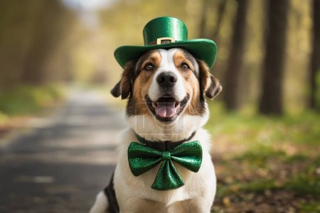 Téléchargez les photos : Joyeux chien célébrant la Saint-Patrick, gros plan. Un jeune chien avec un chapeau de lutin. Thème de la Saint-Patrick concept. Espace de copie. - en image libre de droit
