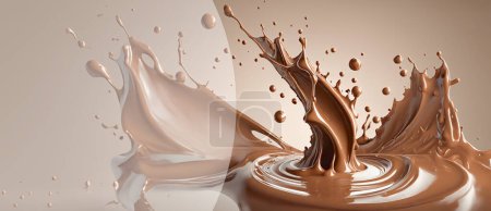 Photo for A splash of brown, hot chocolate. Panorama. Splashes of chocolate drops. Food background. Close-up. Copy space. - Royalty Free Image