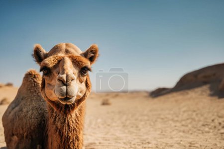 Téléchargez les photos : Portrait de chameau, gros plan. Vue d'un chameau sur fond de dunes de sable du désert - en image libre de droit