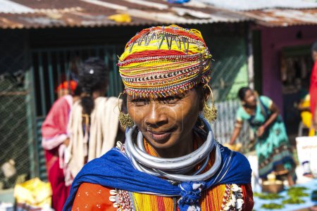 Photo for Bastar, Chhattisgarh, India / November 25, 2021: Portrait of a Bonda tribal woman at Haat (weekly) market. - Royalty Free Image