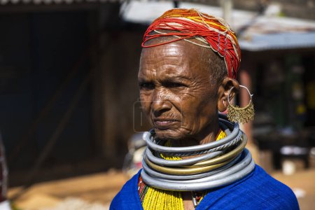 Photo for Bastar, Chhattisgarh, India / November 25, 2021: Portrait of a Bonda tribal woman at Haat (weekly) market. - Royalty Free Image