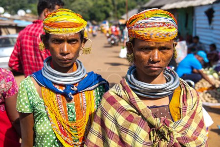 Photo for Bastar, Chhattisgarh, India / November 25, 2021: Bonda tribal women at Haat (weekly) market. - Royalty Free Image