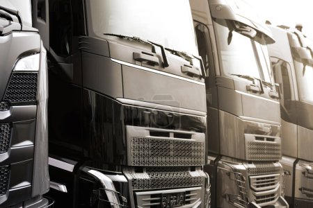 Foto de Industria del transporte pesado ilustrativo - camiones modernos sin marca alineados en fila - Imagen libre de derechos