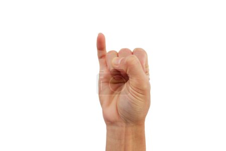 Showing a hand signal that means "I have a friend who is curious, let's listen" on a white background.