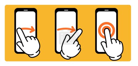 Illustration for Finger swipe directional arrow, Tap Finger illustrated circle on the smartphone, vector illustration. Swipe the direction arrow, pointing finger on the smartphone - Royalty Free Image