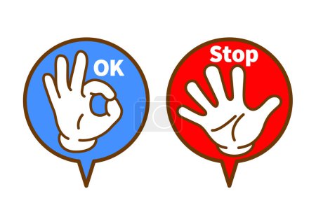Ilustración de OK Stop Hand sign balloon, vector illustration. OK Hand sign Stop Hand sign on speech balloon - Imagen libre de derechos