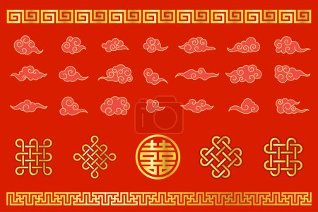 Ilustración de Conjunto de elementos de estilo chino, ilustración vectorial piezas tradicionales de decoración china para la cerebración de Año Nuevo - Imagen libre de derechos
