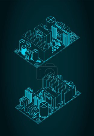 Illustration for Stylized vector illustration of isometric blueprints of power supply module - Royalty Free Image