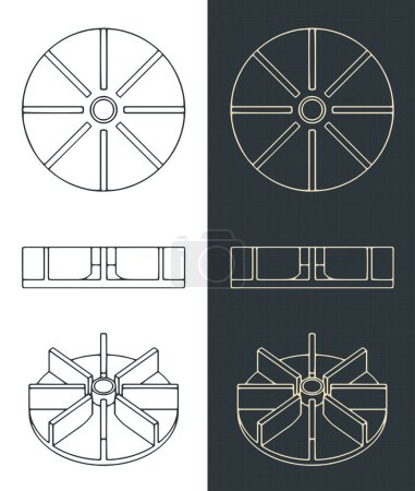 Illustration for Stylized vector illustration of blueprints of water pump impeller blueprints - Royalty Free Image