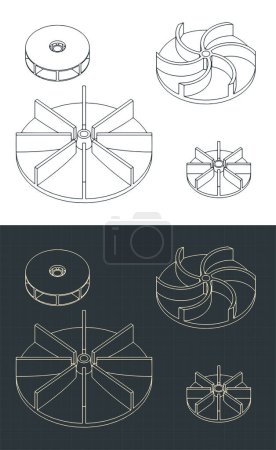Illustration for Stylized vector illustration of isometric blueprints of water pump impellers isometric blueprints set - Royalty Free Image