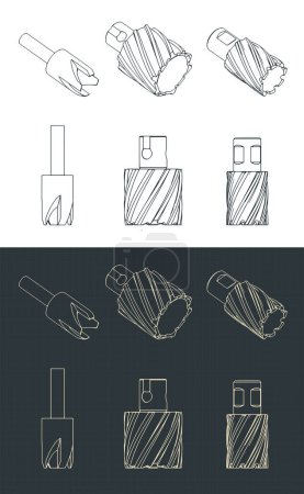 Illustration for Stylized vector illustrations of isometric blueprints of different annular cutters - Royalty Free Image