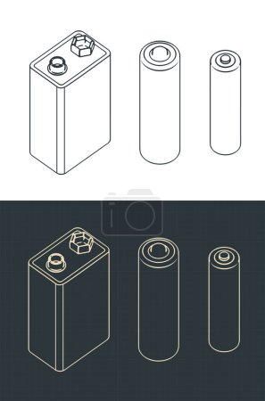 Illustration for Stylized vector illustration of isometric blueprints of different batteries - Royalty Free Image