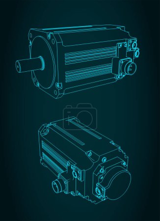 Illustration for Stylized vector illustration of isometric blueprint of DC servo motor - Royalty Free Image
