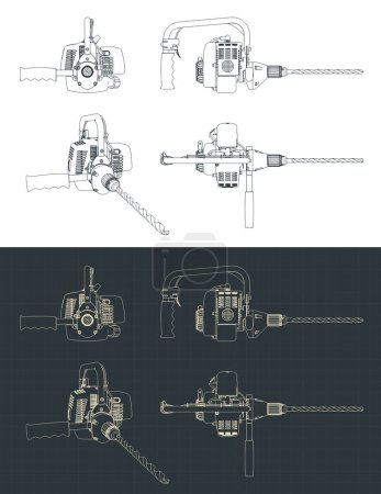 Illustration for Stylized vector illustration of blueprints of powerful hammer drill - Royalty Free Image