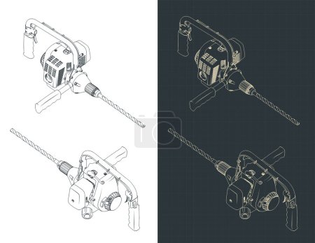Illustration for Stylized vector illustration of isometric blueprints of powerful hammer drill - Royalty Free Image