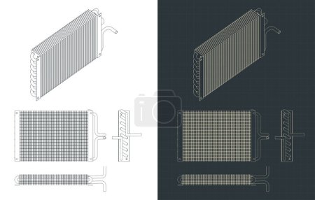 Stylized vector illustrations of blueprints of heat exchanger for air-conditioning