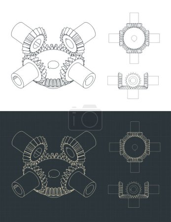 Téléchargez les illustrations : Stylized vector illustration of drawings of bevel gear transmission - en licence libre de droit