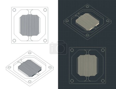 Illustration for Stylized vector illustrations of blueprints of CPU water cooling block base with micro channels - Royalty Free Image