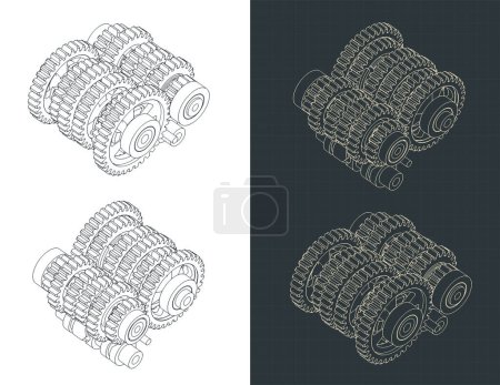 Téléchargez les illustrations : Stylized vector illustration of isometric blueprints of sequential transmission gearbox - en licence libre de droit