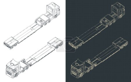 Téléchargez les illustrations : Illustration vectorielle stylisée des plans isométriques d'un grand camion avec remorque à lit bas - en licence libre de droit