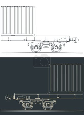 Téléchargez les illustrations : Illustrations vectorielles stylisées d'une plate-forme ferroviaire cargo avec un conteneur - en licence libre de droit