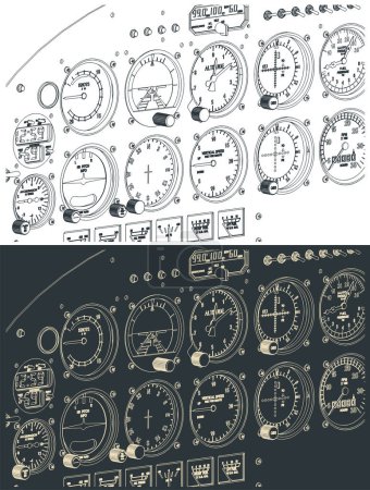 Ilustración de Ilustración vectorial estilizada de un panel de control de avión de cerca - Imagen libre de derechos