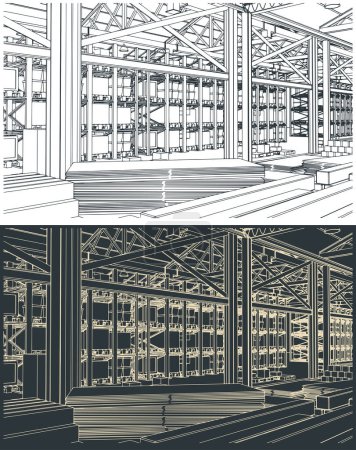 Ilustración de Ilustraciones vectoriales estilizadas del interior de un gran almacén con cajas, estantes y mercancías - Imagen libre de derechos