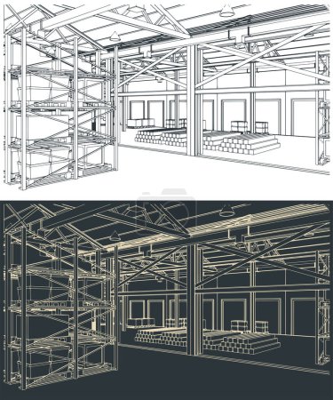 Ilustración de Ilustración vectorial estilizada de un gran almacén con cajas, estantes y mercancías - Imagen libre de derechos