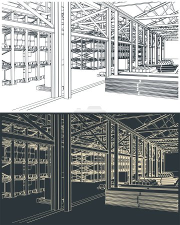 Illustration for Stylized vector illustrations of the interior of a large warehouse with boxes, shelves and goods - Royalty Free Image