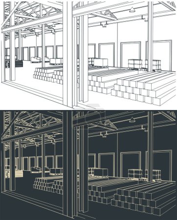 Ilustración de Ilustraciones vectoriales estilizadas de un gran almacén con cajas, estantes y mercancías - Imagen libre de derechos