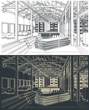 Ilustración de Ilustración vectorial estilizada de un gran almacén con cajas, estantes y mercancías - Imagen libre de derechos