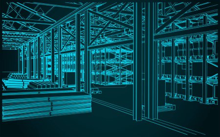 Illustration for Stylized vector illustration of the interior of a large warehouse with boxes, shelves and goods - Royalty Free Image