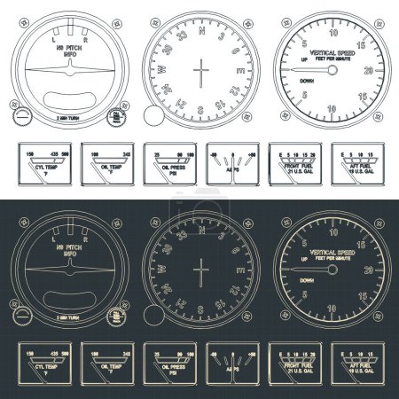 Ilustración de Ilustración vectorial estilizada de planos del panel de control del avión - Imagen libre de derechos