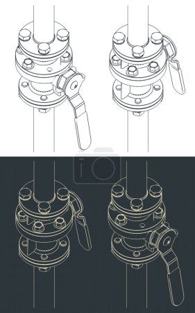 Illustration for Stylized vector illustration of isometric blueprints of ball valve - Royalty Free Image