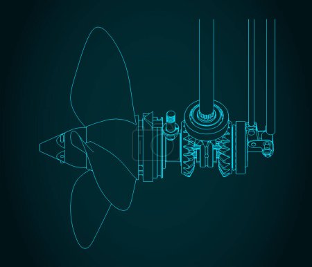 Illustration for Stylized vector illustration of isometric blueprint of outboard motor gearbox - Royalty Free Image