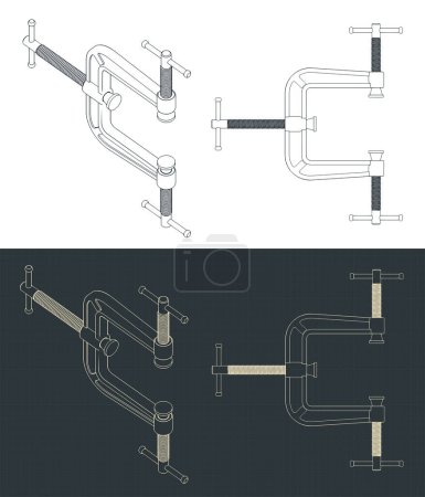 Ilustración de Ilustración vectorial estilizada de planos de abrazadera en C de tres vías - Imagen libre de derechos