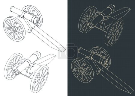 Illustration for Stylized vector illustration of a vintage artillery cannon isometric drawings - Royalty Free Image