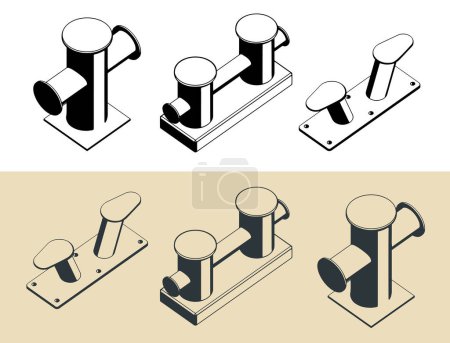 Illustration for Stylized set of vector illustrations of mooring bitt equipment for ships and yachts - Royalty Free Image