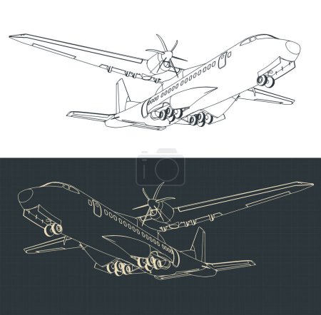Illustration for Stylized vector illustrations of blueprints of turboprop transport aircraft - Royalty Free Image