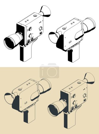 Téléchargez les illustrations : Illustrations isométriques vectorielles stylisées de la caméra de film vintage à main - en licence libre de droit