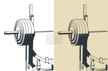 Illustration for Stylized vector illustrations of barbell on a bench press rack close-up - Royalty Free Image