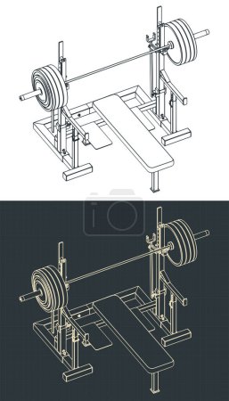 Illustration for Stylized vector illustrations of isometric blueprints of press weight adjustable squat rack bench - Royalty Free Image