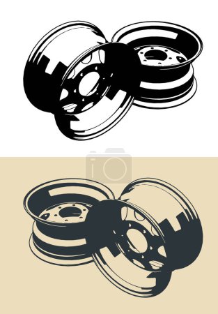 Illustration for Stylized vector illustrations of steel wheels for a car - Royalty Free Image