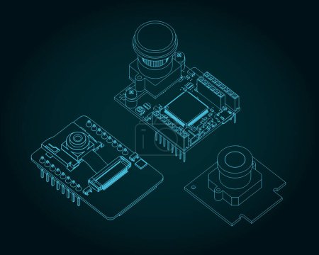 Illustration for Stylized vector illustrations of drawings of different camera modules on circuit boards - Royalty Free Image