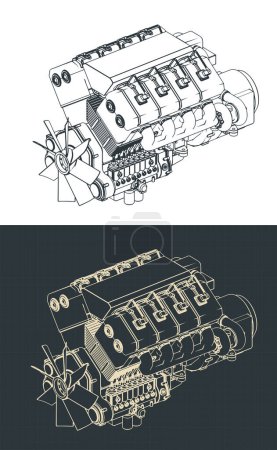 Stylized vector illustrations of isometric blueprints of turbo diesel engine