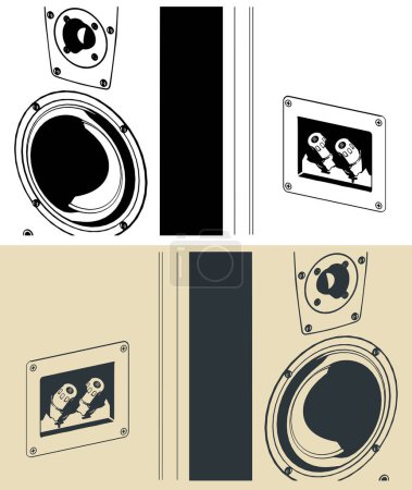 Illustration for Stylized vector illustrations of Hi-Fi speaker systems and connectors terminals for their connection close-up - Royalty Free Image